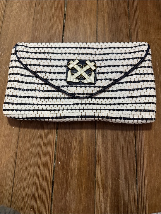 Lilly Pulitzer Handbags - Lilly Pulitzer Striped Navy and White Woven Clutch with Anchor Detail